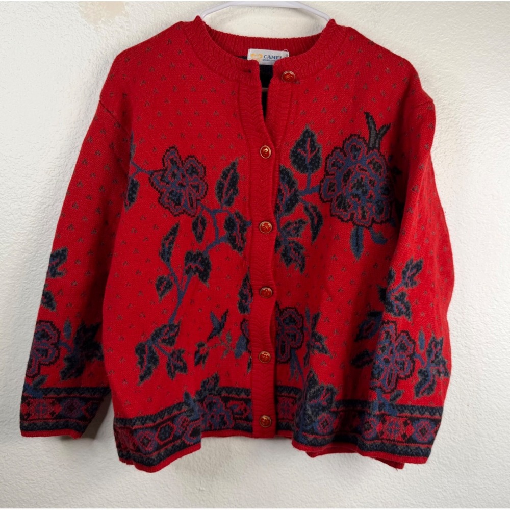 Vintage Camela Women's Cardigan Sweater Red Sz 40/M Wool Blend Old Money